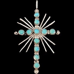 Vintage Sterling Zuni Green Turquoise Light Rays Cross